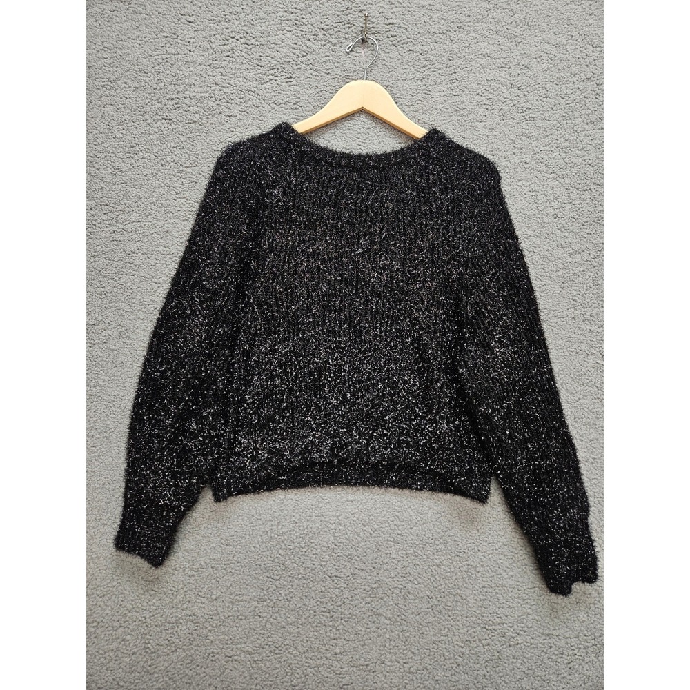 Elie Tahari Sweater Large Black Silver Metallic Shimmer Eyelash Knit Glam Party
